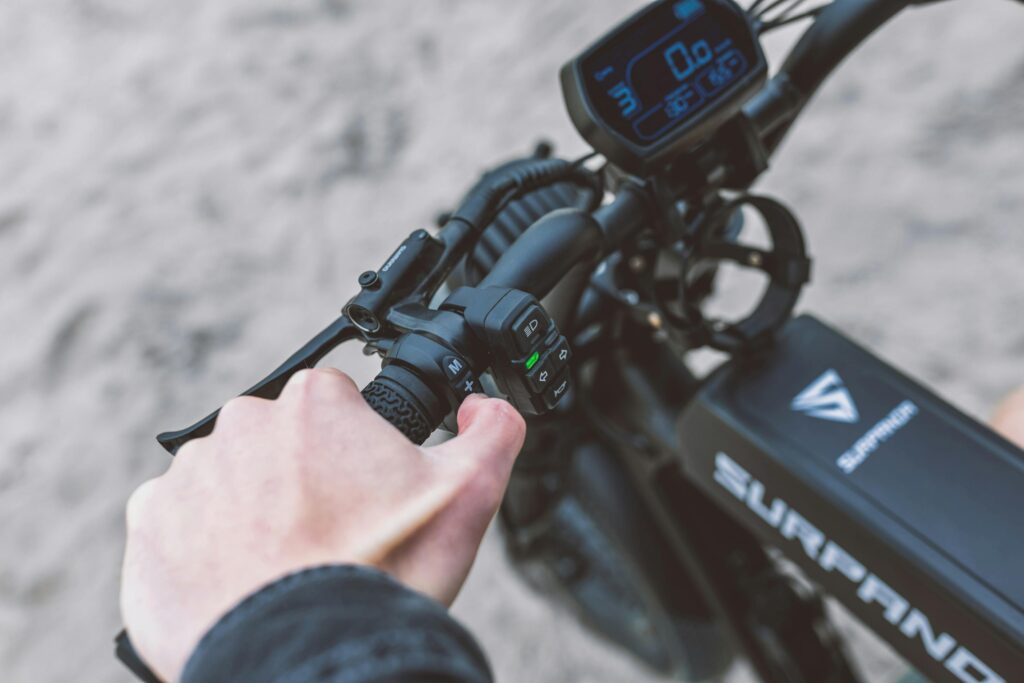 Close-up of e-bike handlebars with speedometer display